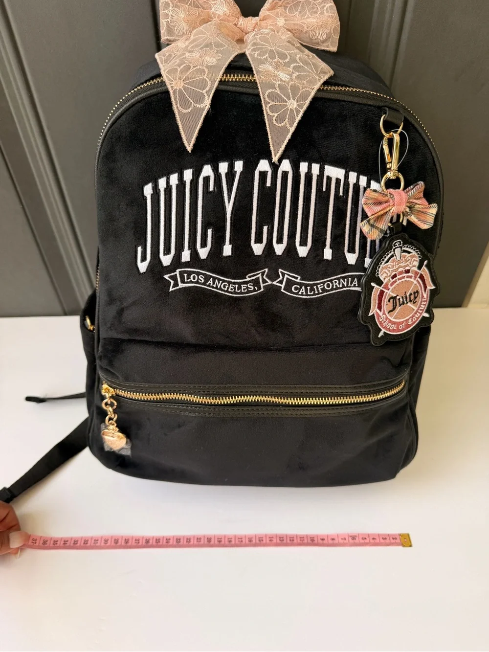 Juicy Couture Black Logo Velvet Backpack with Gold Hardware and Pink Charm